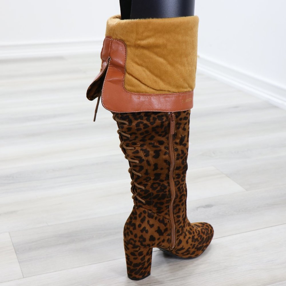 Suede Leopard Thigh High Heeled Boots Back Laces - Picture 13 of 15